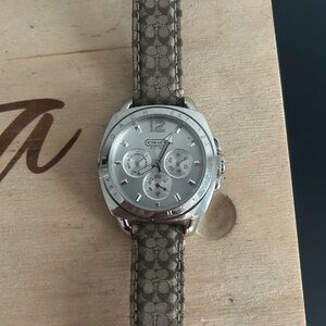 Coach Silver Watch with Brown Patterned Strap